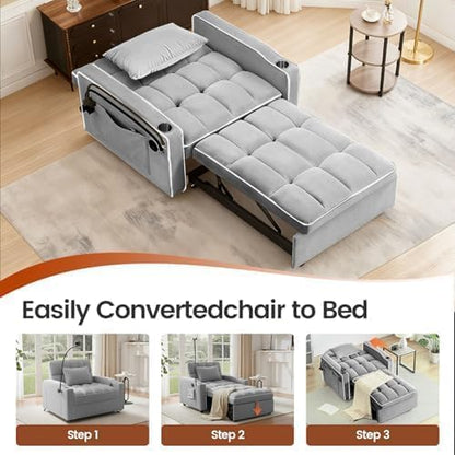 Sleeper Chair with USB Port, 3 In1 Pull Out Sofa Bed, Gray | Adjustable Backrest,Soft Cushioning,Handy Side Pocket,Cup Holders,Phone Holder - color: D-light Gray-kg