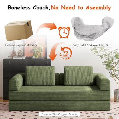 78" Convertible Sofa Bed, Corduroy Pull Out Couch with Fixed Frame & Pocket | 5-in-1 Boneless Sleeper Sofa, Couch Bed with 2 Pillows, Living Room, Small Spaces, Bedroom, No Assembly - color: 78''dark Green