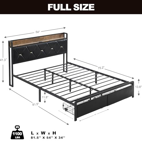 Ailisite Full Size Bed Frame with Headboard and Storage Drawers, Upholstered Black Platform Bed Frame with Typ-C Charging Port, LED Bed Frame with Storage Headboard,Heavy Duty,No Box Spring Needed - color: Black, size: Full