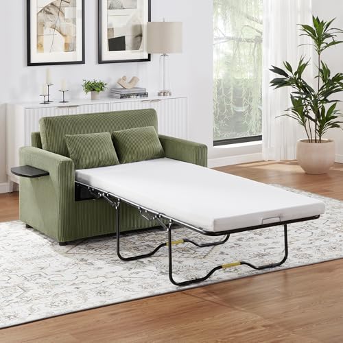 Twin Sofa Bed 47.2" Sleeper Loveseat with USB Ports, Green | Space-saving guest room furniture, compact footprint, built-in charging, handy side pocket, easy pull-out design - color: Green