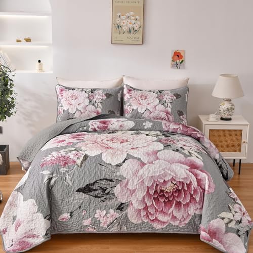 WONGS BEDDING Floral Quilt Set Queen, Grey 3 Pieces Elegant Pink Flower Quilt Bedding Set for All Season Soft Microfiber Lightweight Reversible Bedspread Coverlet with 2 Pillow Shams 96"X90" - color: Grey, size: Queen 90"×96"