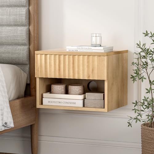 Fluted TV Stands Set of 4, Modern Small Floating Nightstand with Drawer and Open Storage Shelf Night Stand Wall Mounted Bedside Tables Natural Oak - color: Natural Oak, size: 4 PCS