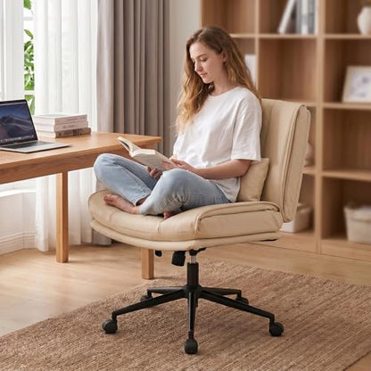 Armless Criss Cross Office Chair with Wheels,PU Leather Beige | 5.5" Double Layers Thickened Seat Cushion and Backrest,Lumbar Pillow,Swivel Chair,Wide Comfortable Cross Legged,320LBS - color: Beige