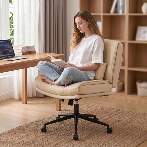 Armless Criss Cross Office Chair with Wheels,PU Leather Beige | 5.5" Double Layers Thickened Seat Cushion and Backrest,Lumbar Pillow,Swivel Chair,Wide Comfortable Cross Legged,320LBS - color: Beige