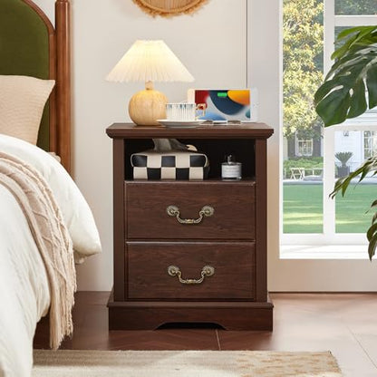 Farmhouse Night Stand with Charging Station, Walnut | 2 Drawers End Tables Bedroom, Bedside Table with Rustic Handles & Floor-Standing Thickened Foot & Open Shelf - color: Walnut, size: 18"D x 18"W x 24"H (2 Drawers)