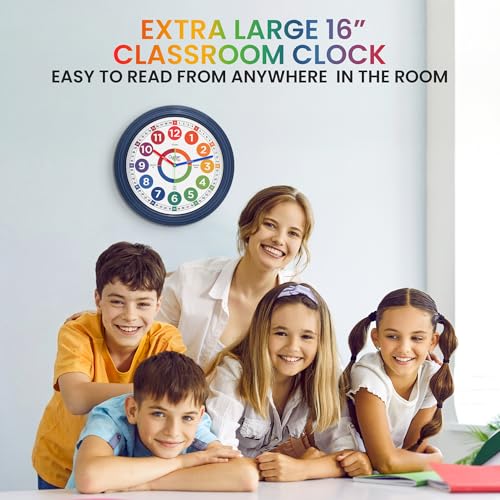 Oyster&Pop Extra Large 16" Kids Wall Clock - Weather-Resistant Outdoor | Silent labeled color-coded learning clock for the classroom, patio, playroom or homeschool - teaches kids to tell time - color: Multicolor, size: 16 inch