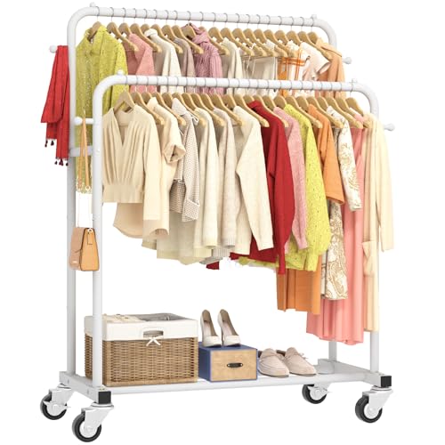 Laiensia Double Rods Garment Rack with Wheels, Clothing Rack for Hanging Clothes,4 Hooks, Multi-functional Bedroom Clothes Rack, White - color: White