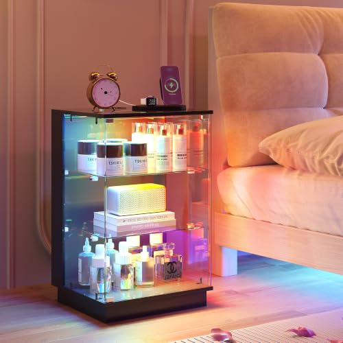HNEBC LED Nightstand with USB-C Charging Station&Lights for Bedroom-Black | Curio china Cabinet, Motion Sensor Smart Glass RGB Side Table with App Control, Charging Station Tempered Glass Collectiblem - color: 91174-black