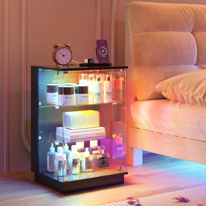 HNEBC LED Nightstand with USB-C Charging Station&Lights for Bedroom-Black | Curio china Cabinet, Motion Sensor Smart Glass RGB Side Table with App Control, Charging Station Tempered Glass Collectiblem - color: 91174-black