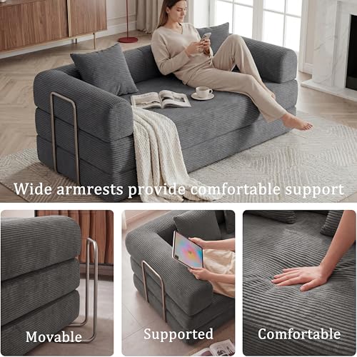 59" Boneless Couch,4-in-1 Futon Sofa Bed Modular Loveseat Sleeper Folding Compressed Couch with Pillows,No Assembly Required Convertible Sofa Bed for Living Room Bedroom Guest Room,Grey - color: Grey, size: 59.06" Loveseat Sofa