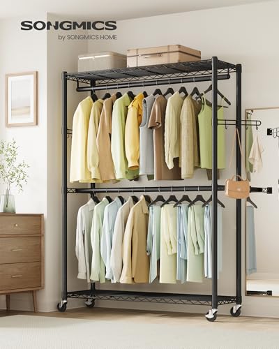 SONGMICS Heavy-Duty Rolling Clothes Rack, Garment Rack, Portable Closet on Wheels, with Adjustable Mesh Shelves and Hanging Rails, Hooks, 15.8 x 43.3 x 78.3 Inches, Ink Black ULGR417BH01 - size: 43.3"W
