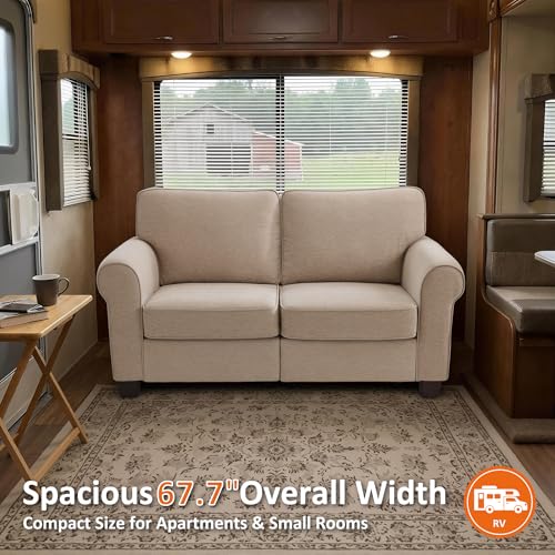 MCombo 67.7" Loveseat Sofa, 2-Seater Small Couch for Small Spaces, Classic Rolled Arm Upholstered Sofa with Solid Wood Legs for Living Room, Removable Cover, Chenille Fabric VE730 (Beige) - color: Beige
