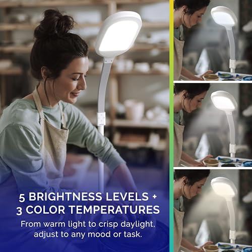 Verilux SmartLight Full Spectrum LED Modern Floor Lamp with Adjustable Brightness, Flexible Gooseneck and Easy Controls - Reduces Eye Strain and Fatigue - Ideal for Reading, Artists, Craft (White) - color: White