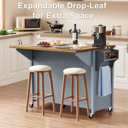52" Kitchen Island with Storage, Wheels & Drop Leaf, Adjustable Shelf | Oak Top, White Retro Kitchen Cart on Casters, 2 Cabinets, 5 Drawers, Spice Rack, Towel Bar, Durable, Easy Assembly - color: Dusty Blue