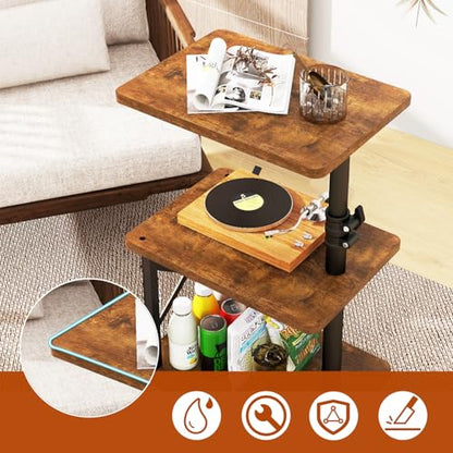 IBUYKE 360° Swivel Height Adjustable C Shaped Side Table,Brown UTVT006H | Tv Tray Table,End Table for Small Spaces Sofa Bed,With Storage Shelf,3-Tier Night Stand,For Living Room,Bedroom - color: Brown
