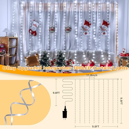 Ollny Curtain Lights 300LED 9.8ftx9.8ft, Connectable IP67 Waterproof Outdoor Curtain String Lights with Remote, Plug-in Untangle Fairy Lights with 8 Modes 3 Timers for Wall Backdrop Decor(Cool White) - color: Cool White, size: 9.8 ft