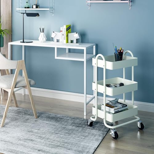 Metal Rolling Cart,3-Tier Metal Rolling Cart with Wheels,3 Tier Utility Cart with Wheels for Office,Home,Kitchen,Garden（13.4"x18.1"x31"） White - color: White, size: 31"H