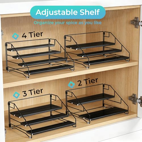 Black Tiered Spice Shelf Organizer 1 Pack | 4 Tier Countertop Spice Rack, Depth Adjustable Seasoning Organizer, Spice Shelf for Countertop, Cabinet