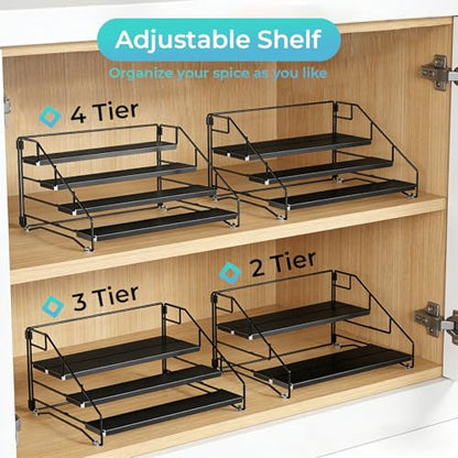 Black Tiered Spice Shelf Organizer 1 Pack | 4 Tier Countertop Spice Rack, Depth Adjustable Seasoning Organizer, Spice Shelf for Countertop, Cabinet