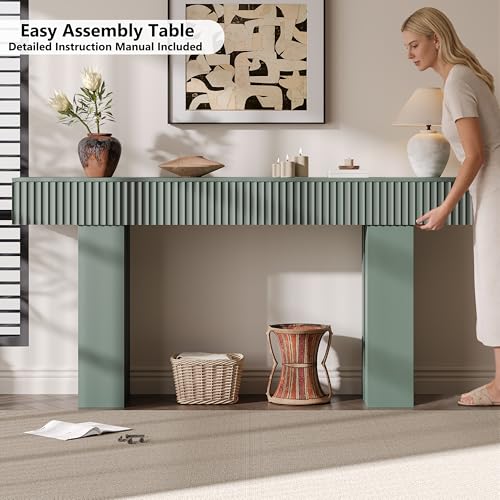 63-Inch Long Entryway Console Table with a Fluted Design, Thick Wood Farmhouse Sofa Table Behind Couch, Narrow Hallway Accent Table for Living Room, Foyer, Entrance,Green - color: Green, size: 63 Inch