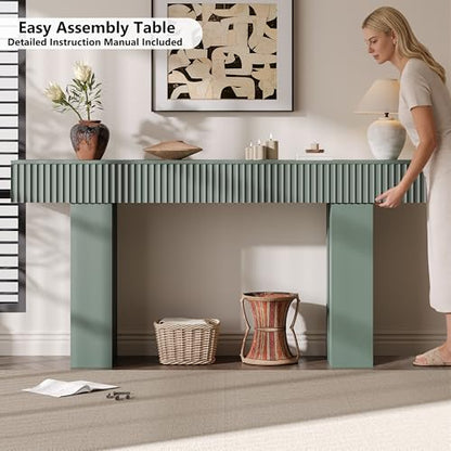 63-Inch Long Entryway Console Table with a Fluted Design, Thick Wood Farmhouse Sofa Table Behind Couch, Narrow Hallway Accent Table for Living Room, Foyer, Entrance,Green - color: Green, size: 63 Inch