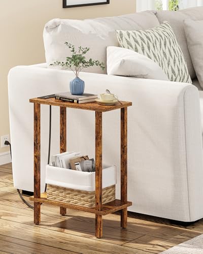 TUTOTAK Narrow Side Table, 2-Tier Small End Table with Charging Station | Skinny Sofa Table, Slim Nightstand, Easy Assembly for Living Room, Bedroom, Pure Brown TB01BB060C - color: Pure Brown, size: 2-tier