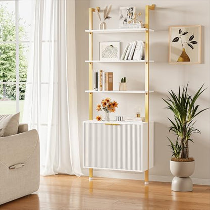 74" Tall Bookshelf with Storage Cabinet, Modern Ladder Shelf with Wood and Metal Frame, Wall Mount Bookcase Open Display Shelf Furniture for Living Room, Bedroom, Home Office, Gold - color: White & Gold