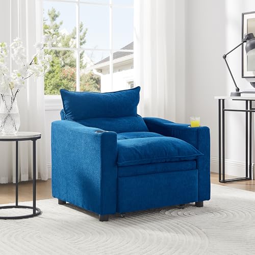 SLEERWAY 3 in 1 Convertible Sleeper Sofa Bed, 36.14" W Easy Pull Out Chair Bed with Dual Cup Holders, Comfy Thick Padding Futon Love Seat with Adjustable Backrest for Living Room Small Space (Blue) - color: Blue, size: 36.14"