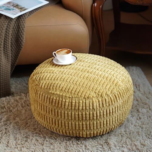 Round Pouf Cover Storage Ottoman Foot Rest, Yellow | Cover Only, 20x20x8 In, Soft Corduroy, Ribbed Texture, Living Room, Bedroom, Reading Nook - color: Yellow