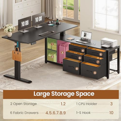 SEDETA L Shaped Electric Standing Desk with 6 Fabric Drawers, 55" x 55" Height Adjustable Office Executive Desk with Storage Shelves, Stand up Computer Desk with Power Outlet (Black) - color: Black