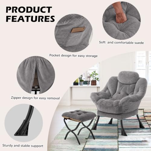 Lazy Chair with Folding Ottoman,Leisure Sofa Chair,Soft Fabric Armchair with Armrests and Side Pockets, Reading Chair with Footrest for Living Room, Bedroom, Office (Plush Light Grey) - color: Plush Light Grey