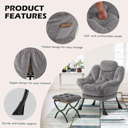 Lazy Chair with Folding Ottoman,Leisure Sofa Chair,Soft Fabric Armchair with Armrests and Side Pockets, Reading Chair with Footrest for Living Room, Bedroom, Office (Plush Light Grey) - color: Plush Light Grey