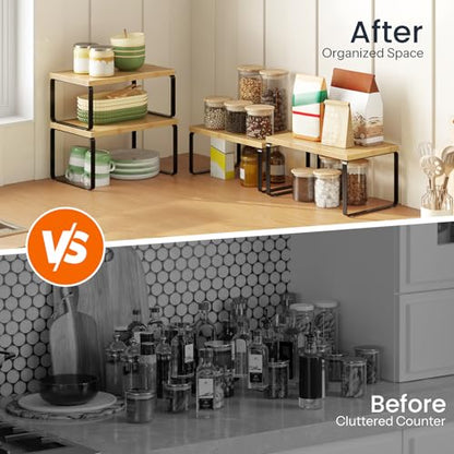 HOOBRO Cabinet Organizer Shelf, Set of 2 Kitchen Counter Shelves, Expandable Kitchen Storage, Stackable Bamboo Spice Rack, for Kitchen, Countertop, Office Desk, Bathroom, Natural and Black YB30TL01 - color: Natural, Black