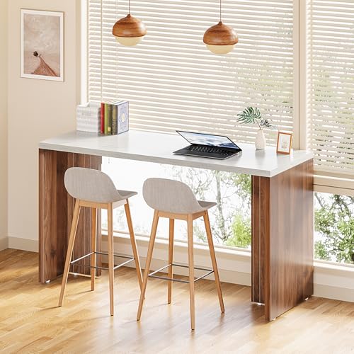 LITTLE TREE Home Bar Table, 55-Inch Long Counter Height Pub Table with a Faux Marble Finished Tabletop, Narrow Rectangular Indoor Bar Unit for Home, Kitchen, White & Walnut