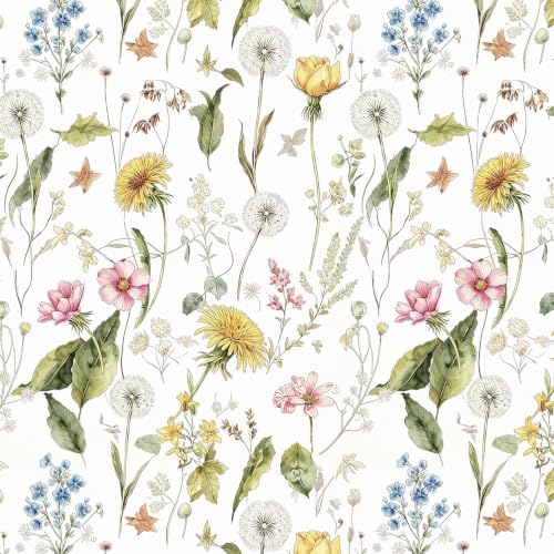 Jeweluck Floral Peel and Stick Wallpaper Wildflower Leaf 16.9" x 196.8" | Flower Wallpaper Peel and Stick Self Adhesive Watercolor Dandelion Wildflower Contact Paper Removable Wall Decor Paper Vinyl - size: 16.9" x 196.8"