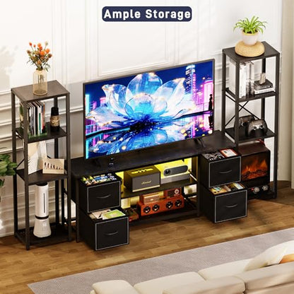 Yenlure LED TV Stand Bookshelf Combo with Charging Station for 65 60 55 Inch TV, Entertainment Center with Lights & Drawers, Industrial Media TV Console Table for Living Room Bedroom Office, Black - color: Black