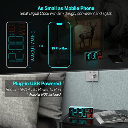 Alarm Clock for Bedroom, 6.7in Small Digital Clock, Auto Dimming, Room Temperature, Day of The Week, Date, Alarm Clocks for Living Room, Desk Clocks - color: Blue (Blue + Orange Digits)