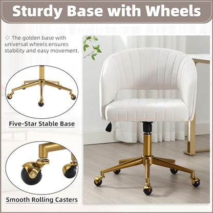 Desk Chair with Wheels, Gold Base, Velvet Accent Vanity Armchair, Off-White | Spacious‌ Soft Seat, Swivel Height Adjustable, Rocking Function, Modern Stripe for Girls &Women Bedroom Makeup or Nail - color: Off-white Cream Velvet