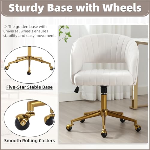 Desk Chair with Wheels, Gold Base, Velvet Accent Vanity Armchair, Off-White | Spacious‌ Soft Seat, Swivel Height Adjustable, Rocking Function, Modern Stripe for Girls &Women Bedroom Makeup or Nail - color: Off-white Cream Velvet