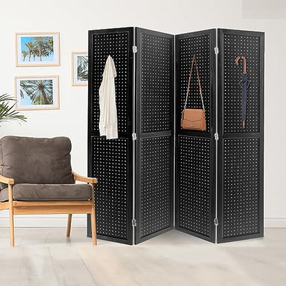 4 Panel Pegboard Room Divider | Folding Freestanding Display Screen, Privacy Partition for Retail, Craft Shows, Home Office, and Exhibition Use Black - color: Black-4 Panel, size: 4 Panel