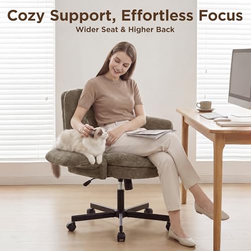 FiveWillowise Cross Legged Office Chair with Flip-up Arms&Low Back,Brown | Criss Cross Chair With Thicken Wide Seat,Lounge Makeup Vanity Chairs with Side Pockets,Comfy Home Office Desk Chair,Chenille - color: Brown