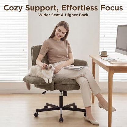 FiveWillowise Cross Legged Office Chair with Flip-up Arms&Low Back,Brown | Criss Cross Chair With Thicken Wide Seat,Lounge Makeup Vanity Chairs with Side Pockets,Comfy Home Office Desk Chair,Chenille - color: Brown