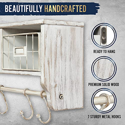 HBCY Creations Wall Mounted Shelf with Coat Hooks and Baskets, Solid Wood Entryway Organizer Wall Shelf with Hooks - Hang Coats, Keys or Coffee Mugs, Rustic Whitewashed 24" Wide - color: Whitewashed