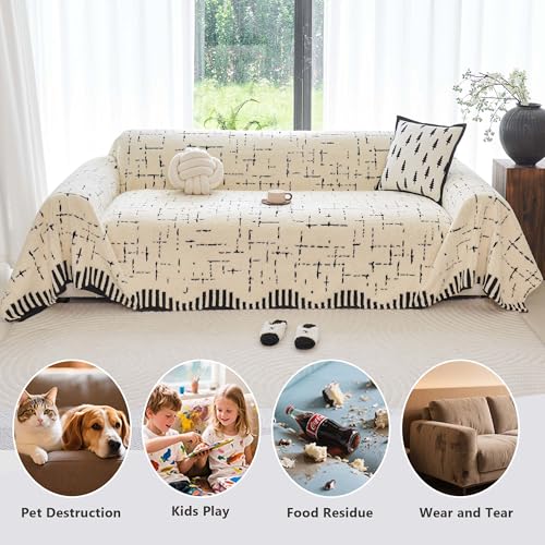 Sherpa Fleece Couch Cover for 2 Cushion Sofa, Beige, 71" x 118" – Pet Proof Sofa Covers, Heavy Duty, Scratch Resistant, Pet Friendly Furniture Cover – Easy Install, Machine Washable - color: Stripe 2 White, size: 71" x 118"