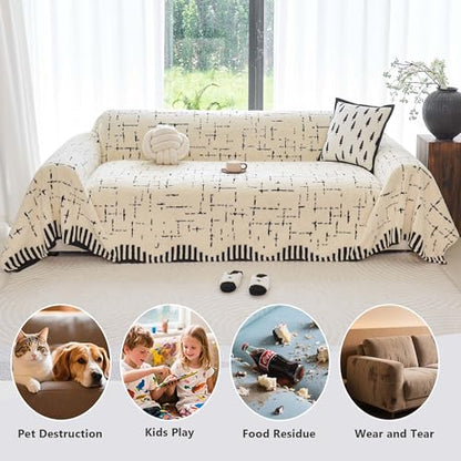 Sherpa Fleece Couch Cover for 2 Cushion Sofa, Beige, 71" x 118" – Pet Proof Sofa Covers, Heavy Duty, Scratch Resistant, Pet Friendly Furniture Cover – Easy Install, Machine Washable - color: Stripe 2 White, size: 71" x 118"
