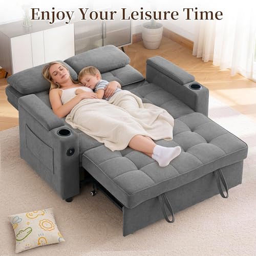 Korser 55.5'' 3-in-1 Convertible Sofa Bed, Pull Out Couch with 5-Position Adjustable Backrest, Loveseat Sleeper Sofa for Small Spaces, Sofa Couch with Cup Holders for Living Room, Office, Chenille - color: Dark Grey