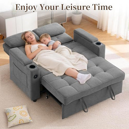 Korser 55.5'' 3-in-1 Convertible Sofa Bed, Pull Out Couch with 5-Position Adjustable Backrest, Loveseat Sleeper Sofa for Small Spaces, Sofa Couch with Cup Holders for Living Room, Office, Chenille - color: Dark Grey