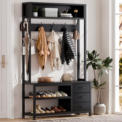 Hall Tree with Bench and 3 Drawers Storage, 31.5" Coat Rack Freestanding | Black, 6-in-1, Top Cubby, 12 Coat Hooks, Adjustable Shoe Rack, Sturdy Metal Frame, Entryway Organizer - color: Black, size: 31.5"W