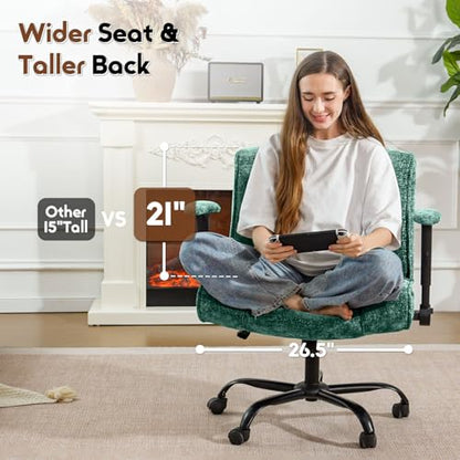 Criss Cross Chair with Wheels & Flip Arms, Wide Cross Legged Office Chair with Adjustable Tilt Criss-Cross Desk Chair with Lumbar Support for Home Office, Bedroom, Apartment Green - color: Green