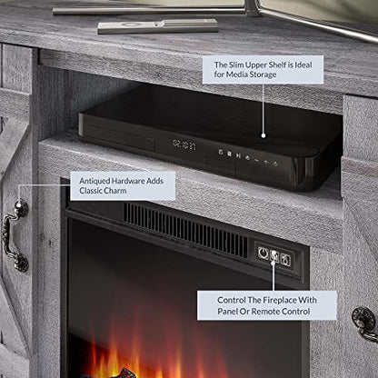 BELLEZE Industrial 47 Inch Rustic TV Stand with 18 Inch Electric Fireplace & Media Entertainment Center Console Table for TV up to 50 Inch with Open Storage Shelves & Cabinets - Light Gray - color: Light Gray, style: 47" TV Stand/W 18" Fireplace
